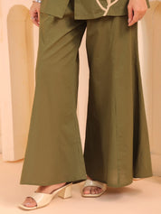 Mehandi Green Cotton Co-Ord Set with Rosebud Embroidery