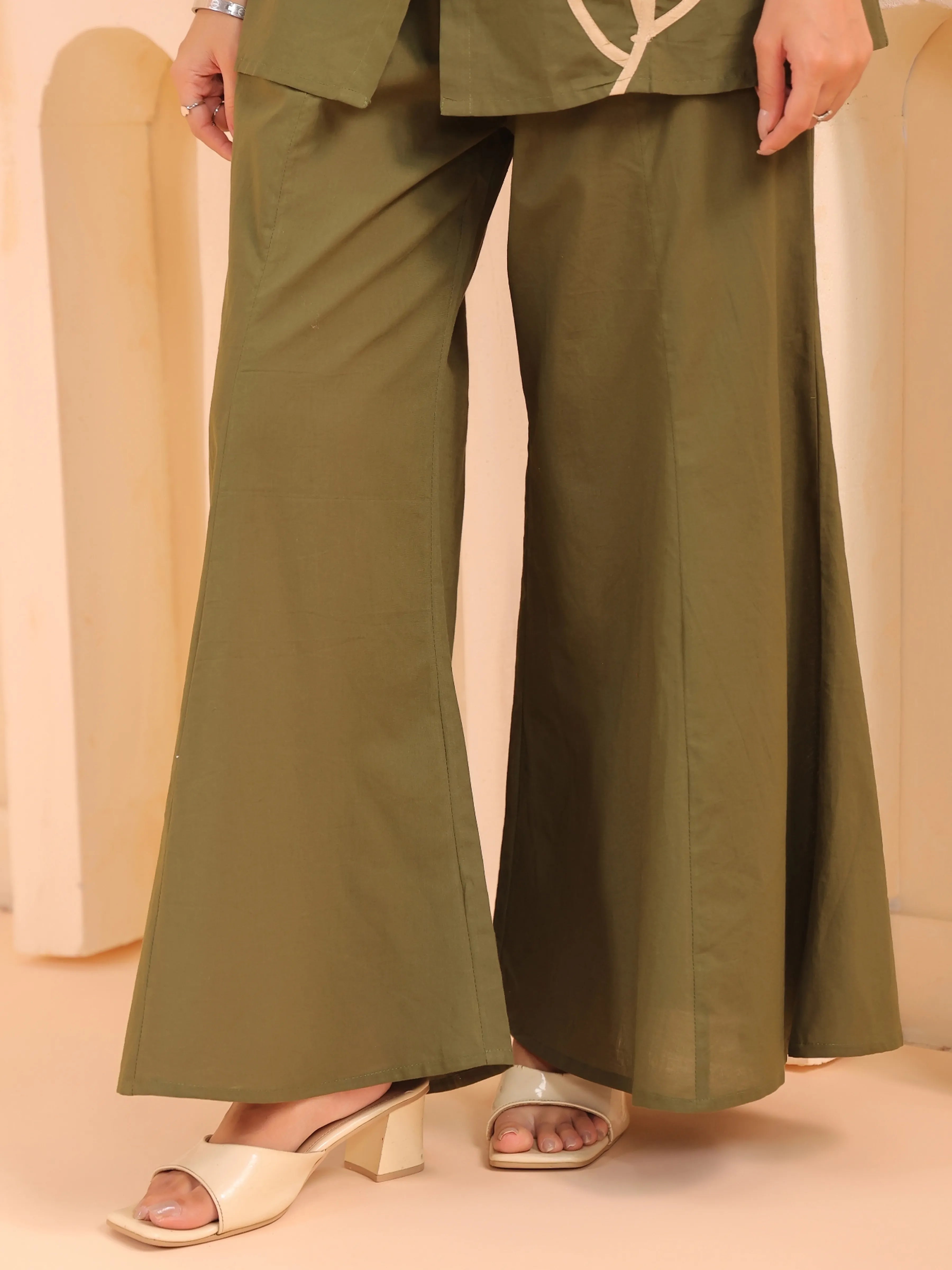 Mehandi Green Cotton Co-Ord Set with Rosebud Embroidery