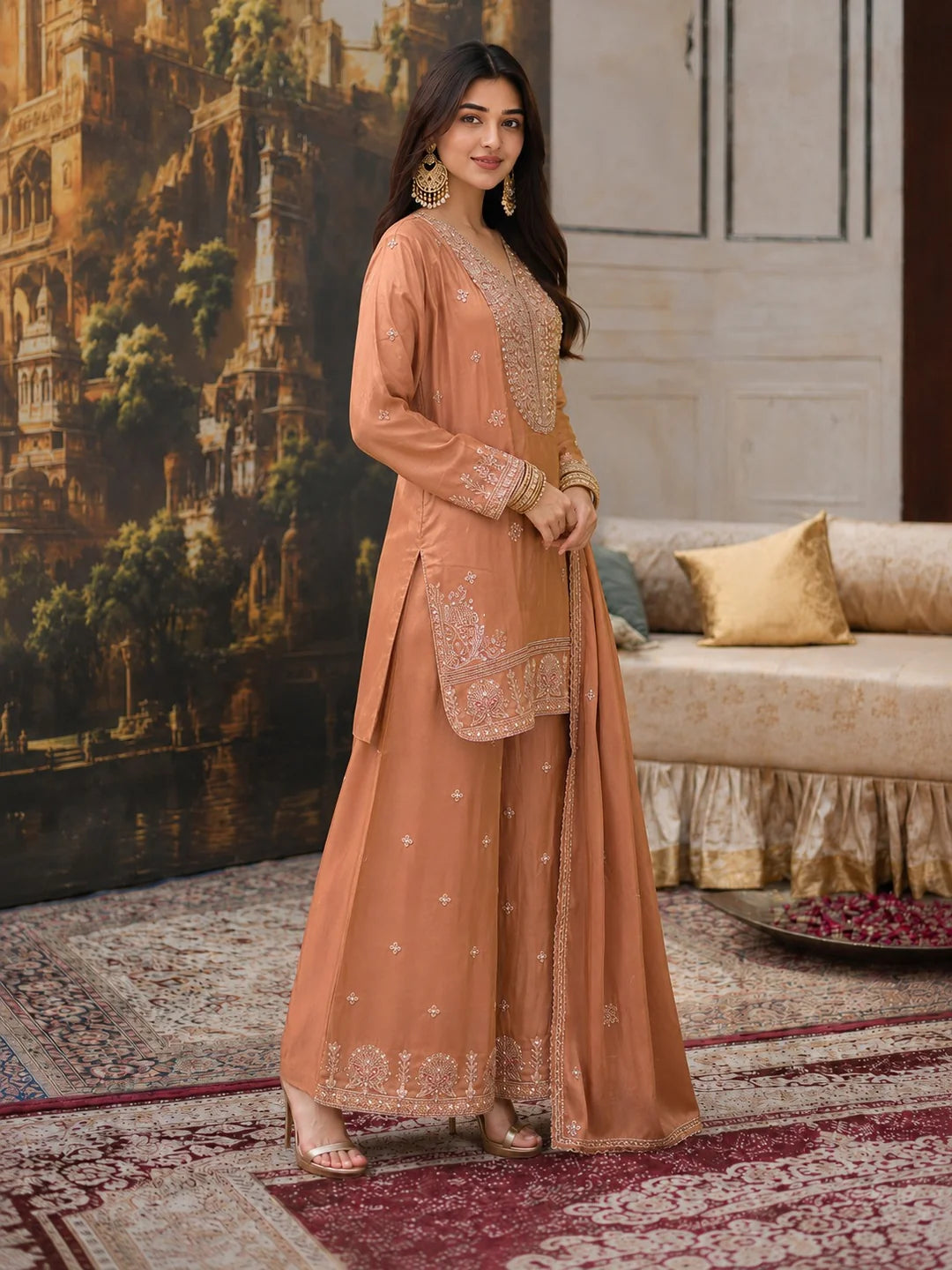 Rose Gold Embroidered Tissue Kurta Set with Dupatta