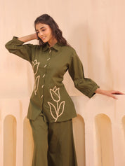 Mehandi Green Cotton Co-Ord Set with Rosebud Embroidery