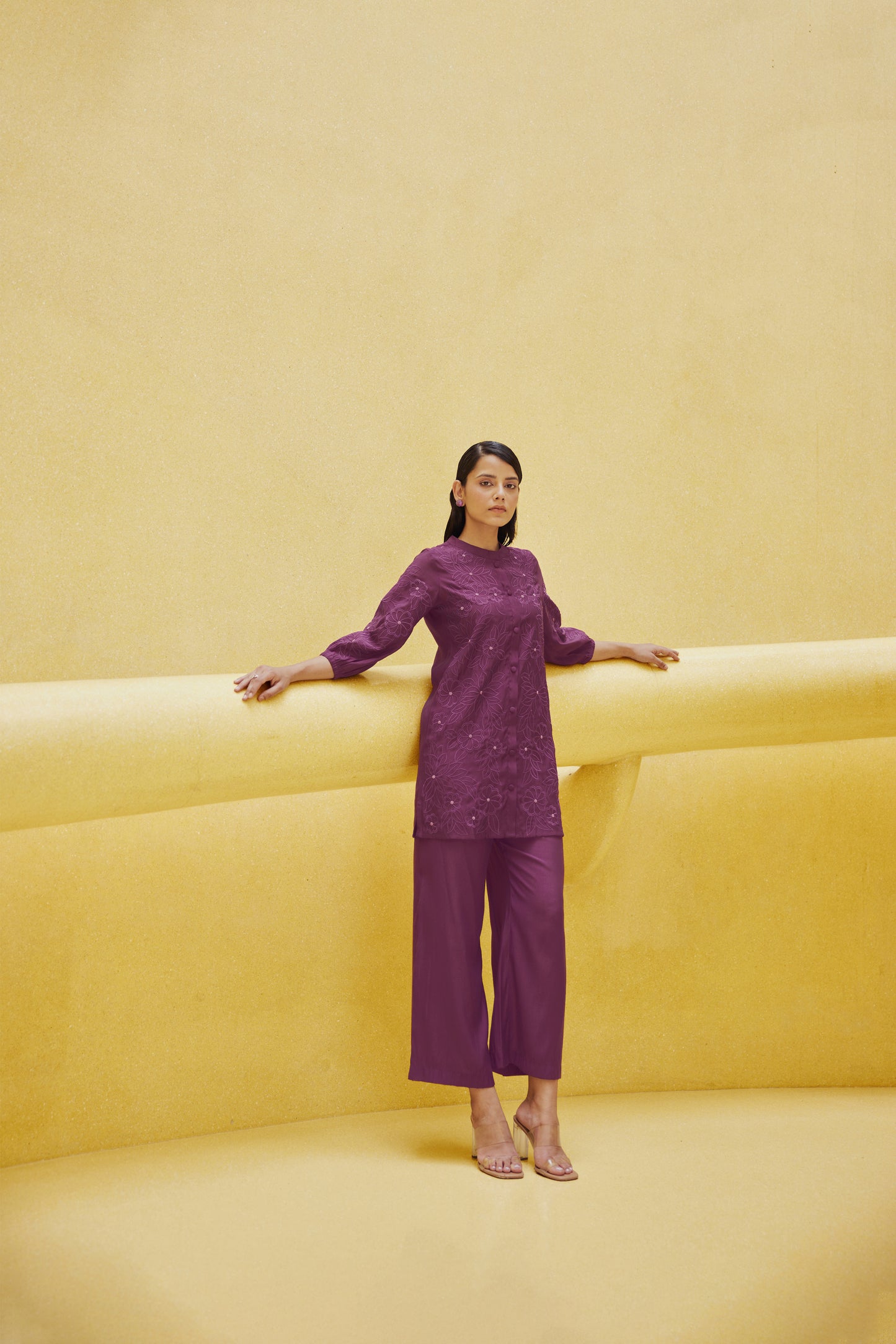 Purple Wine Embroidered Viscose Tunic With Pant