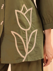 Mehandi Green Cotton Co-Ord Set with Rosebud Embroidery