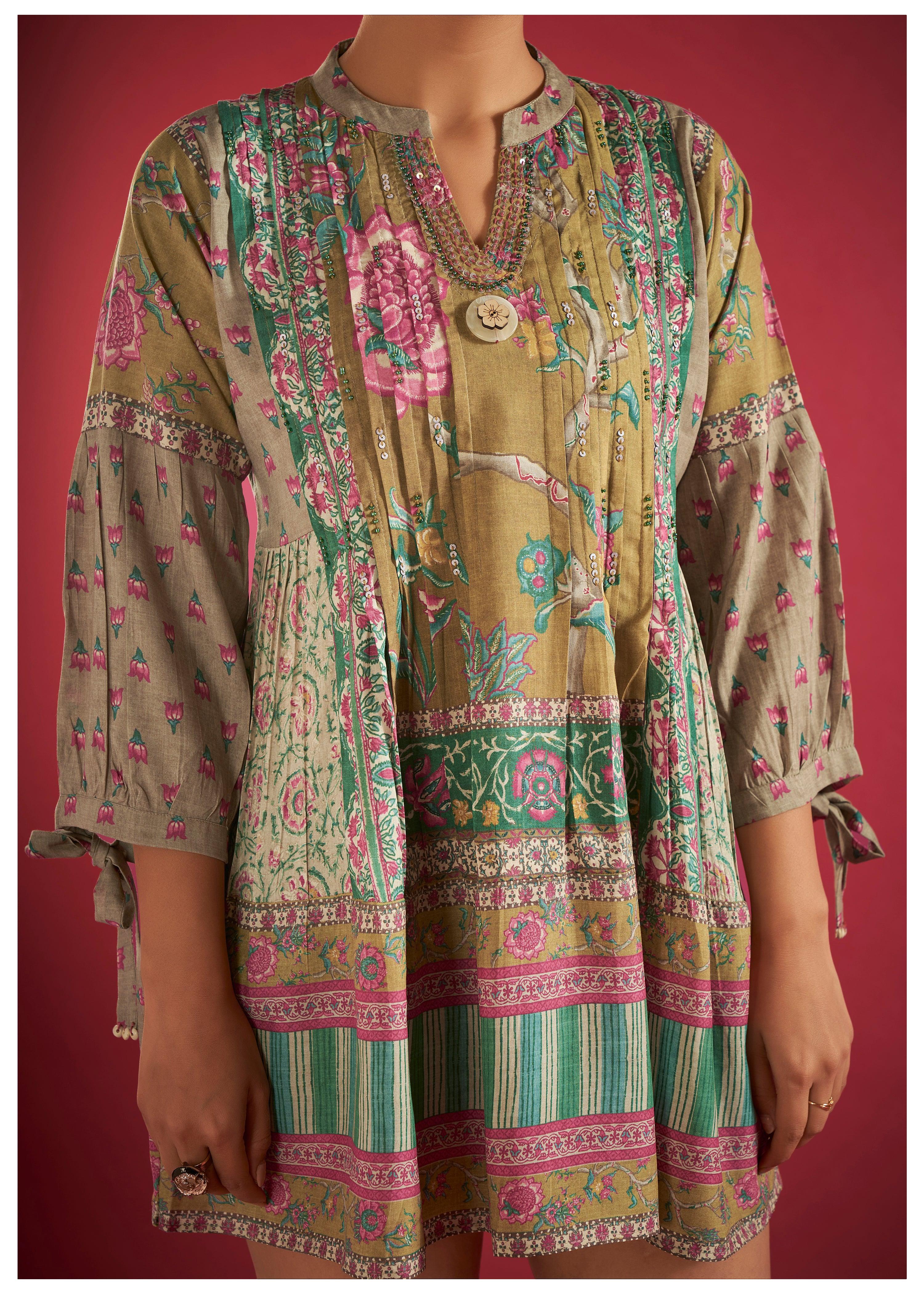 Multi-Print Cotton Viscose Pleated Tunic