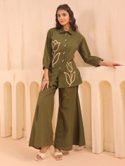 Mehandi Green Cotton Co-Ord Set with Rosebud Embroidery