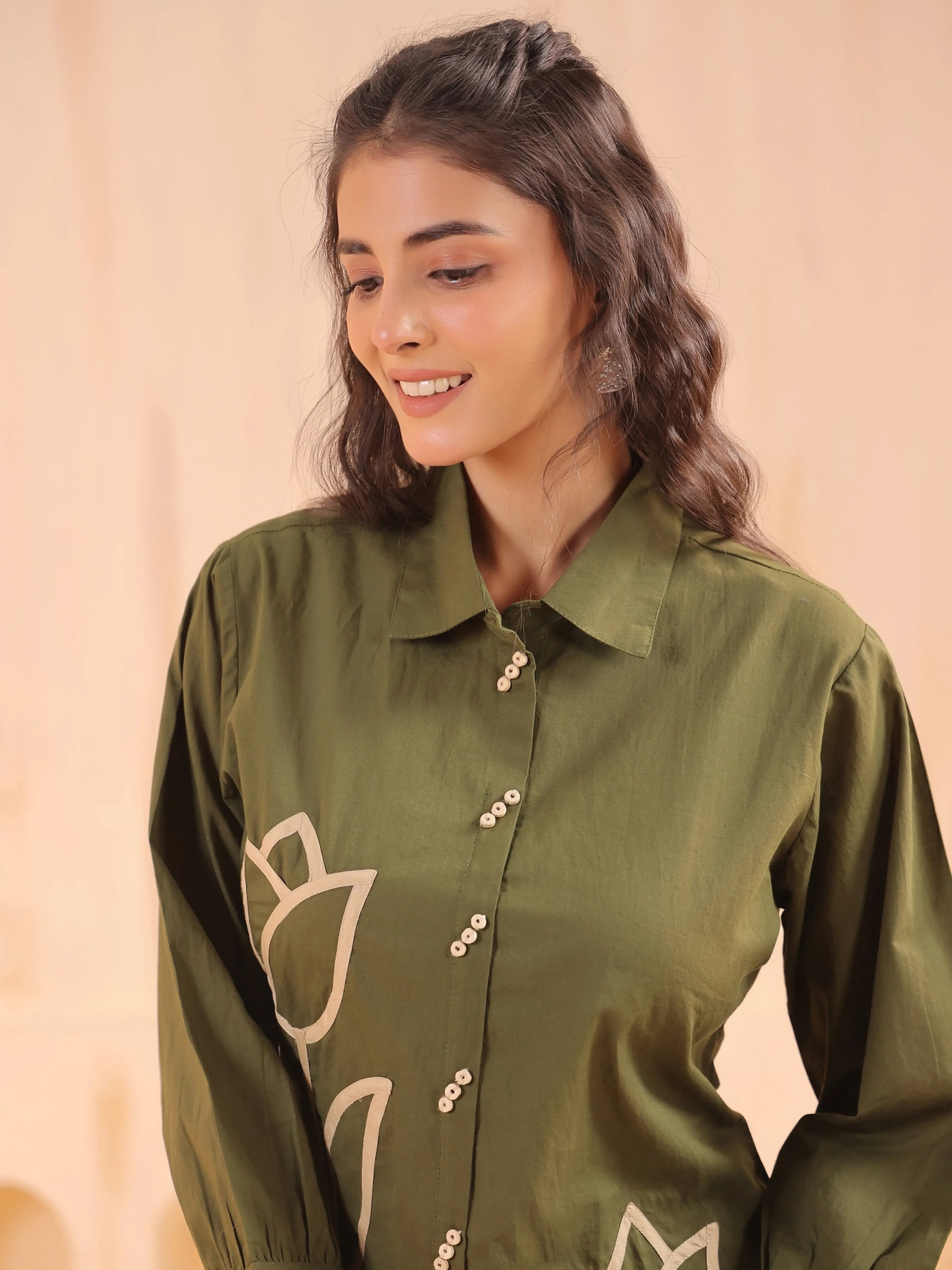 Mehandi Green Cotton Co-Ord Set with Rosebud Embroidery