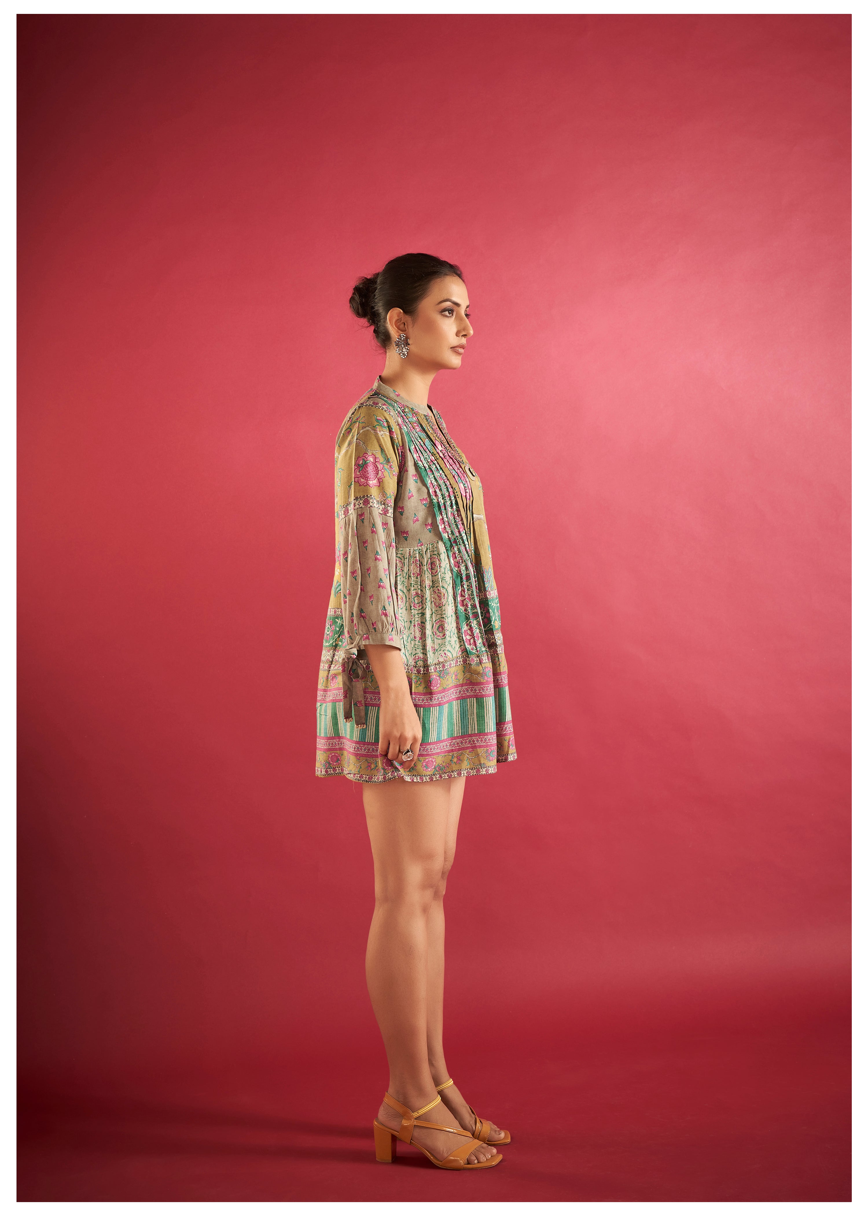 Multi-Print Cotton Viscose Pleated Tunic