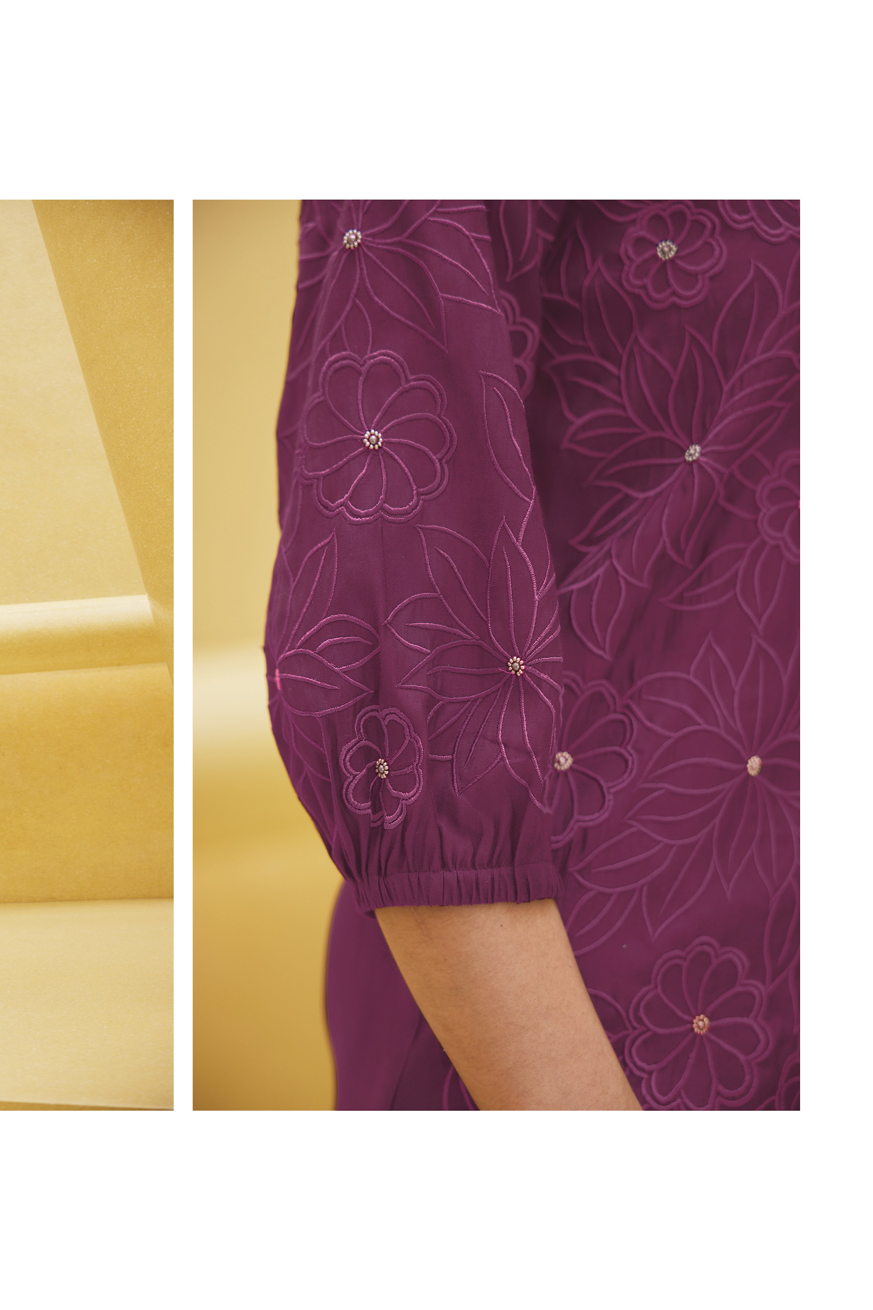 Kaftanize Kiaa-Purple Wine Embroidered Thread Work Viscose Tunic With Pant