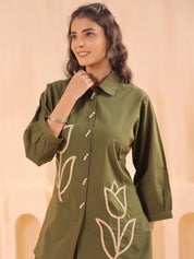 Mehandi Green Cotton Co-Ord Set with Rosebud Embroidery