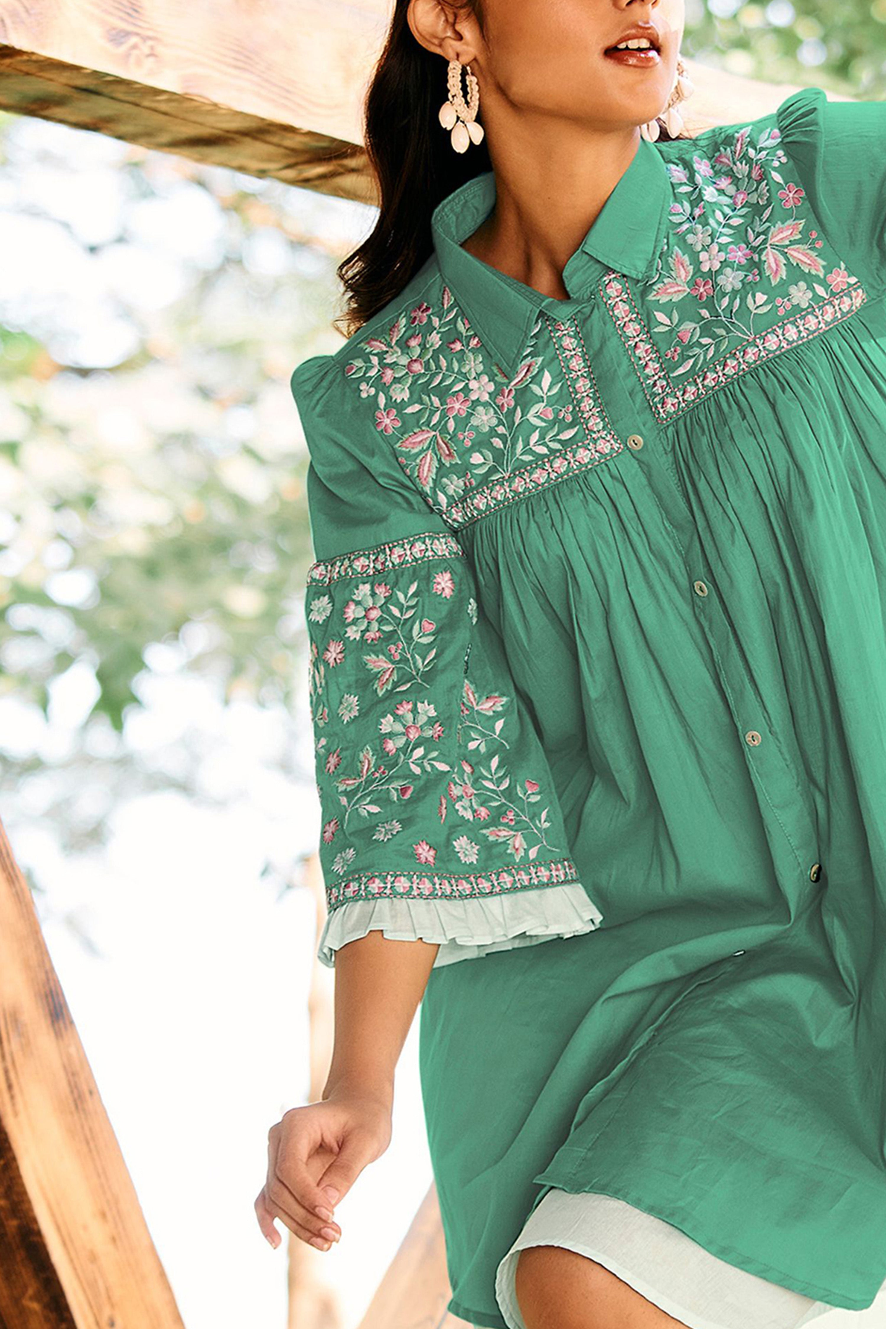 Green Embroidered Cotton Cambric Short Dress