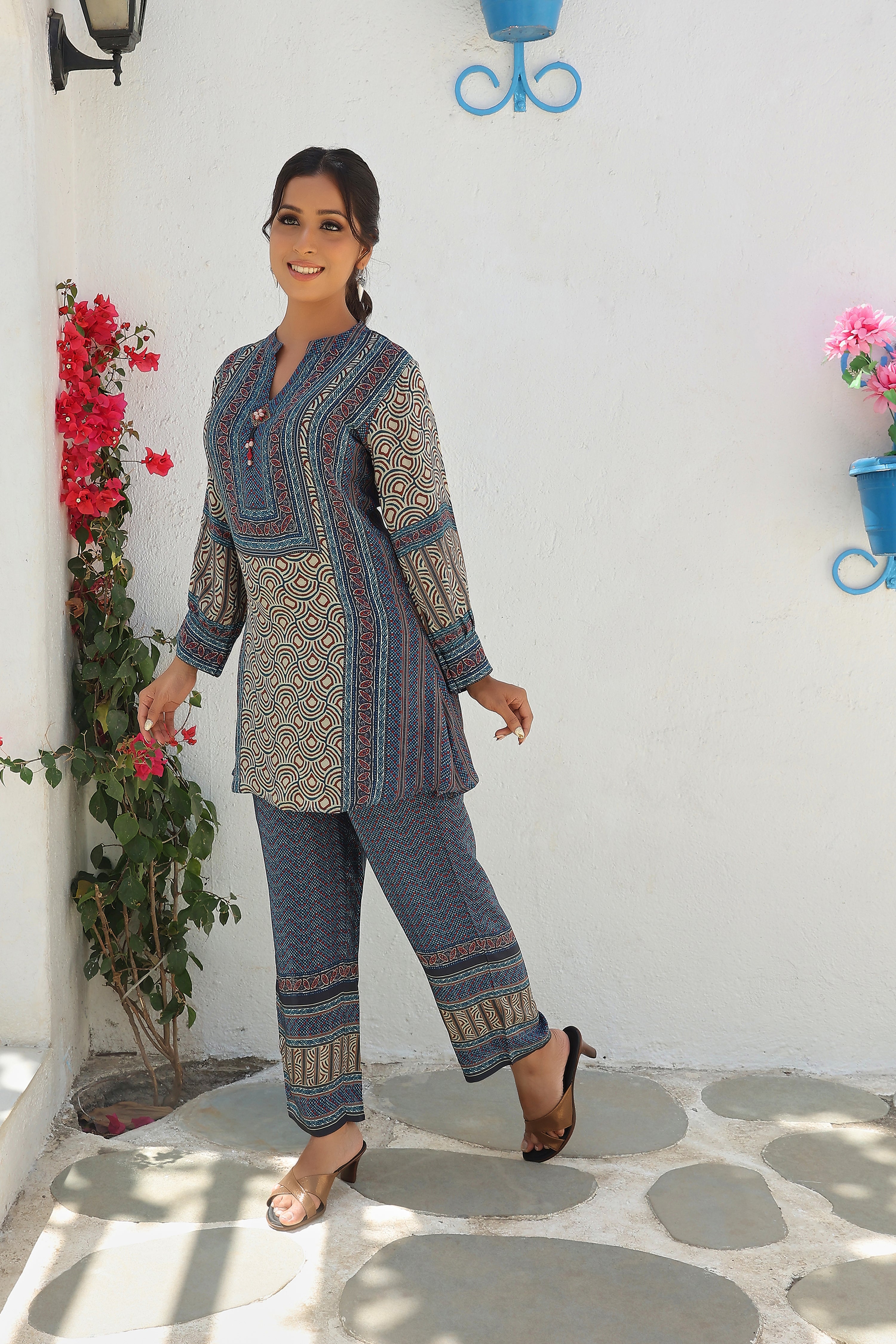 Blue And Beige Printed Tunic Set With Embellishment