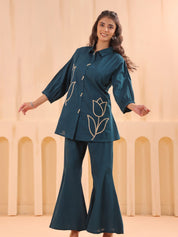 Teal Blue Cotton Co-ord Set with Rosebud Piping Embroidery
