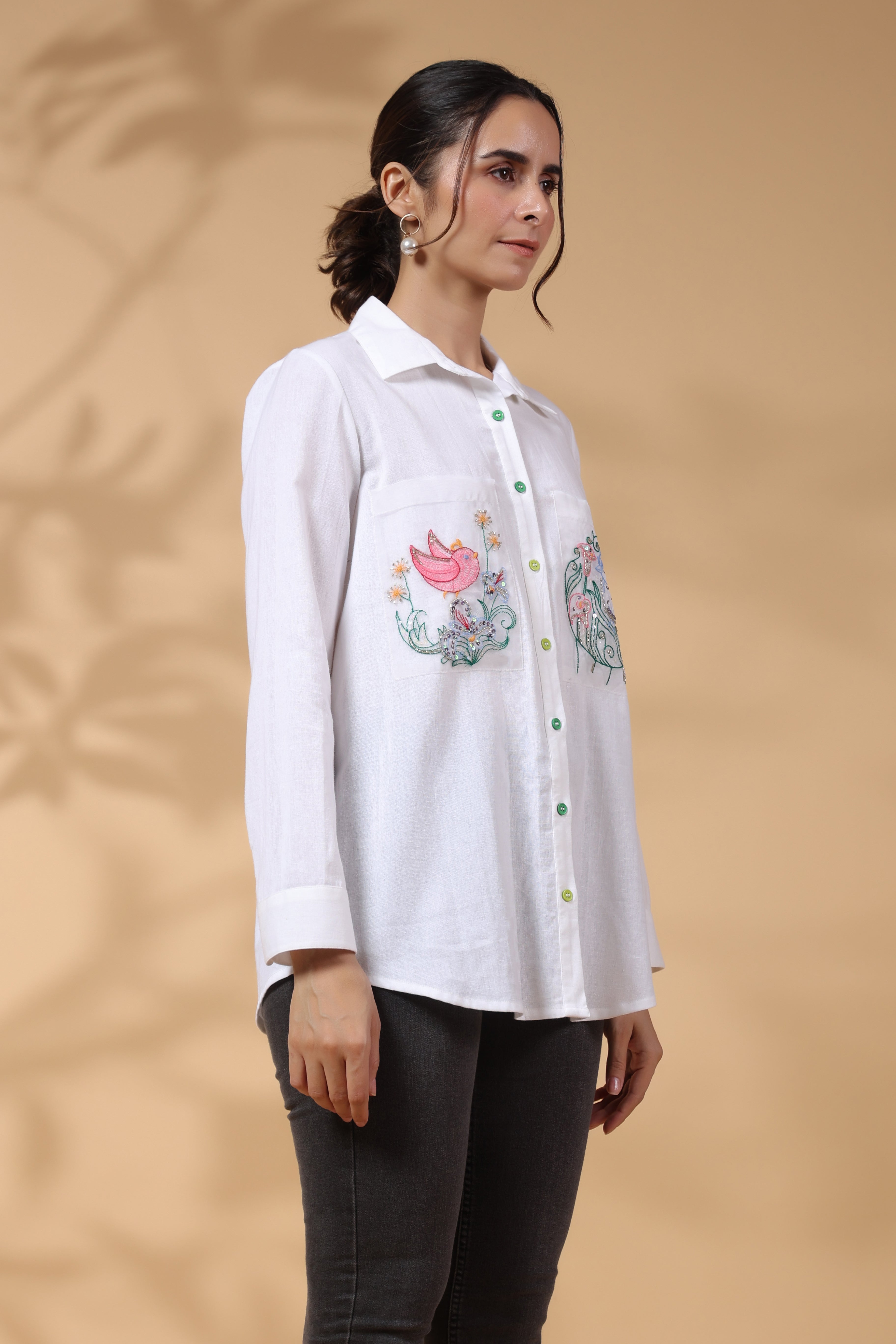 White Cotton Flex Shirt with Embroidered