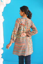 Sand Beige Multicolored Printed Tunic With Embellishment