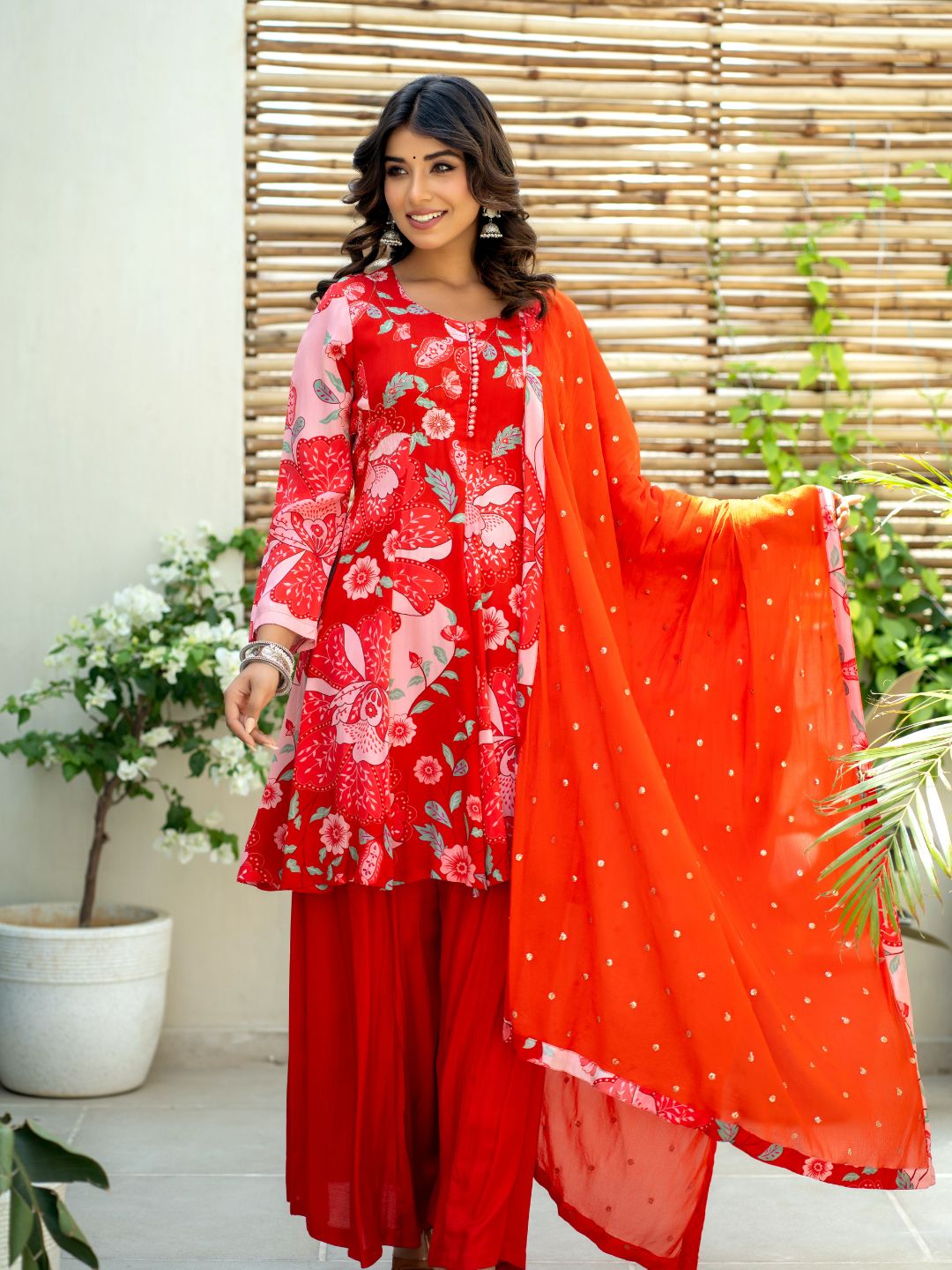 Red & Pink Floral Pure Crepe Ethnic Set with Dupatta Golden Thread Embroidery & Mirror Work