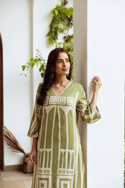 Sage Green Ethnic Set with Abstract Rayon Geometric Print