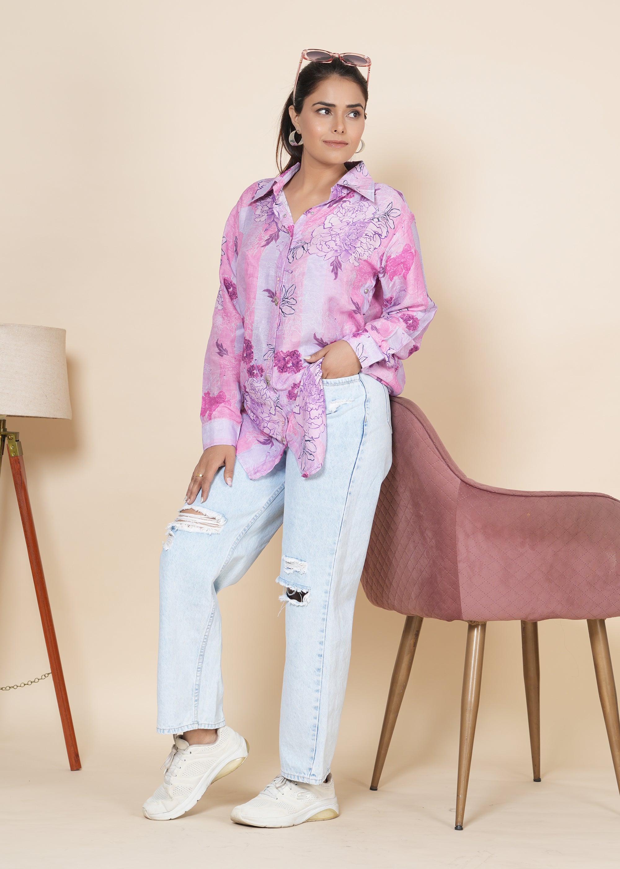 Shades Of Pink Floral Printed Shirt Style Tunic - Kaftanize