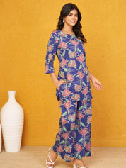 Navy Blue Floral Co-ord Set in Cotton Cambric