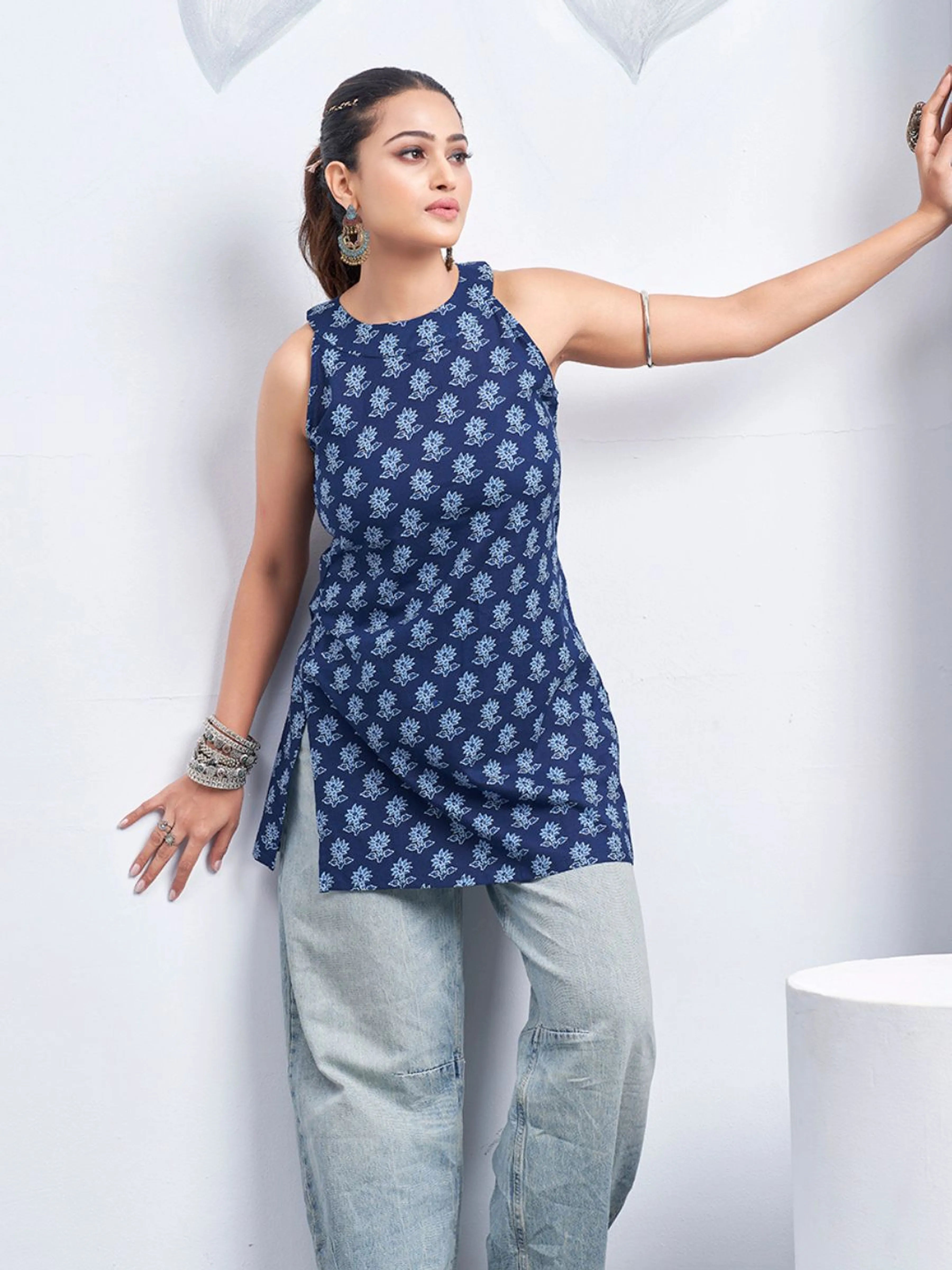 Dark Blue Halter Neck Cotton Kurti with Flower Motif Block Print