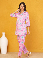 Plum Base Multi Color Floral Shirt Collar Cotton Cambric Co-ord Set