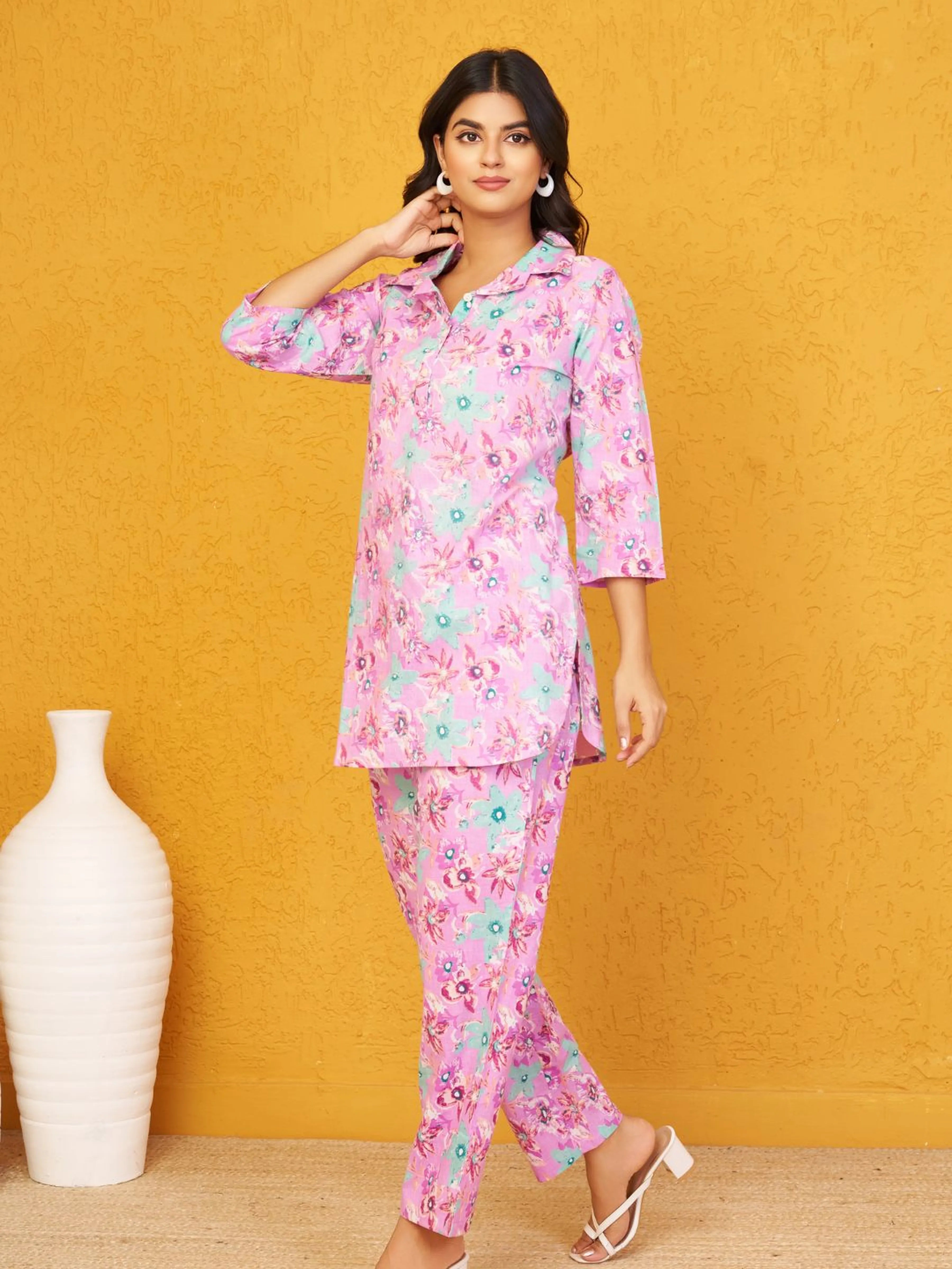 Plum Base Multi Color Floral Shirt Collar Cotton Cambric Co-ord Set