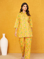 Mustard Yellow Base Multi Color Floral Shirt Collar Cotton Cambric Co-ord Set