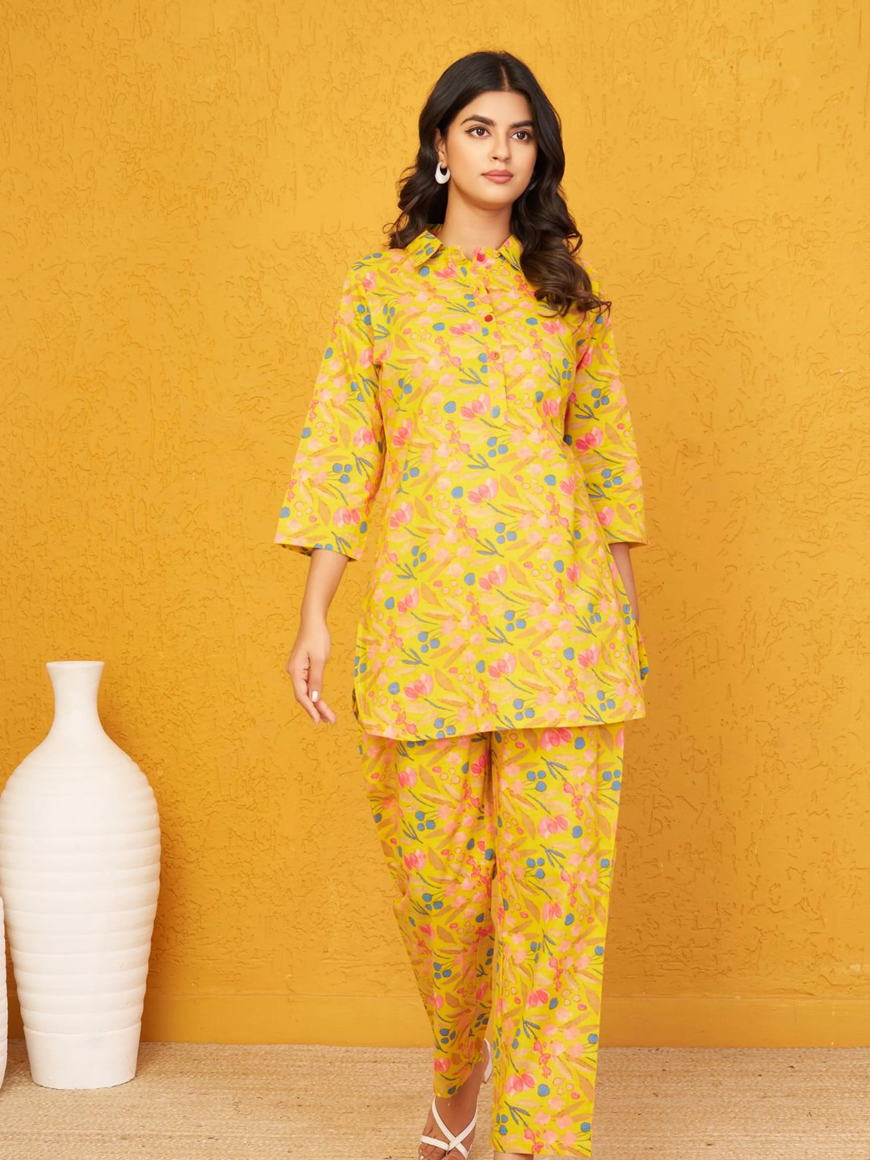 Mustard Yellow Base Multi Color Floral Shirt Collar Cotton Cambric Co-ord Set