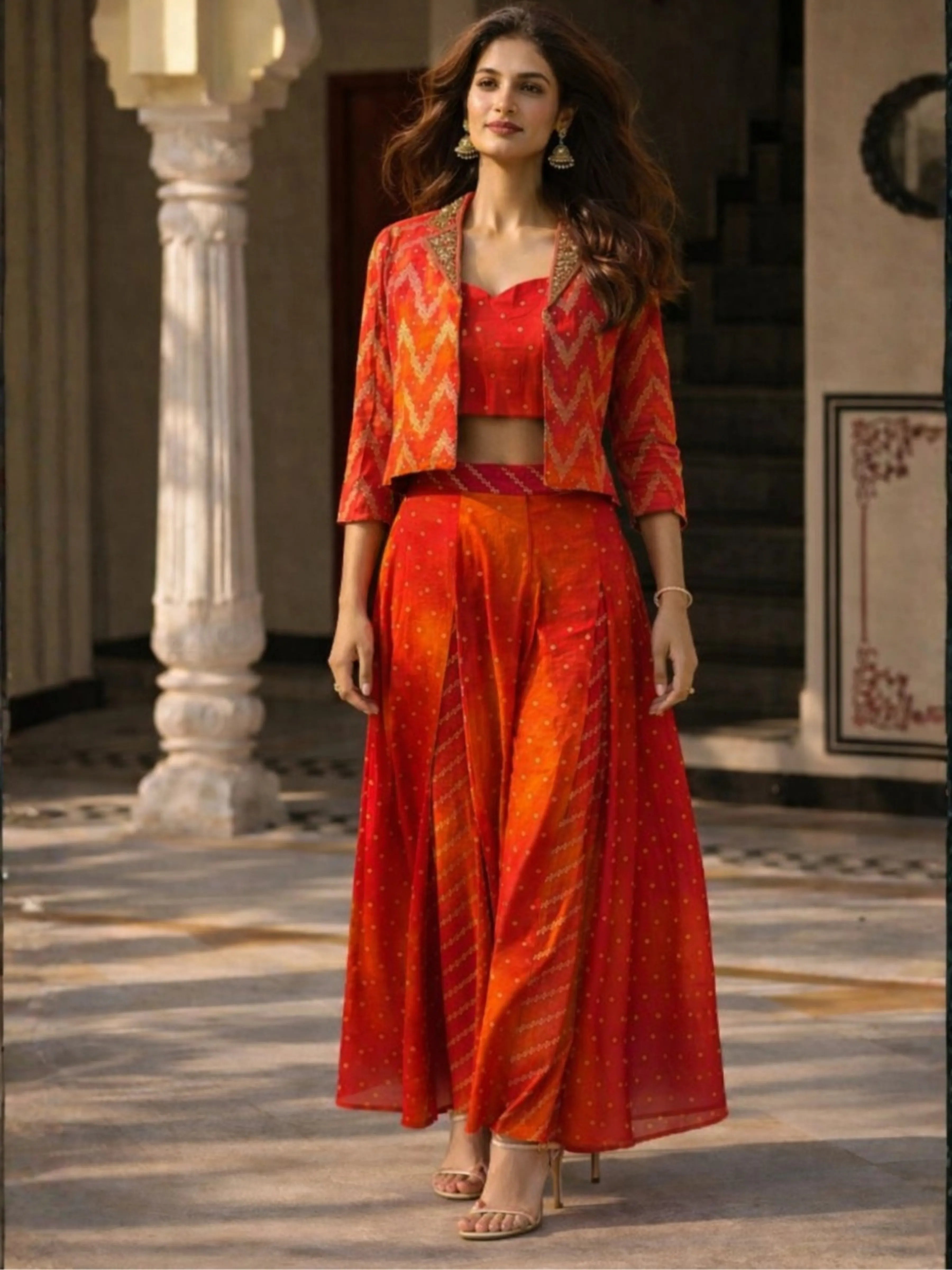 Crimson Orange Ombre Banarasi Brocade Three-Piece Set with Embellished Jacket & Bustier