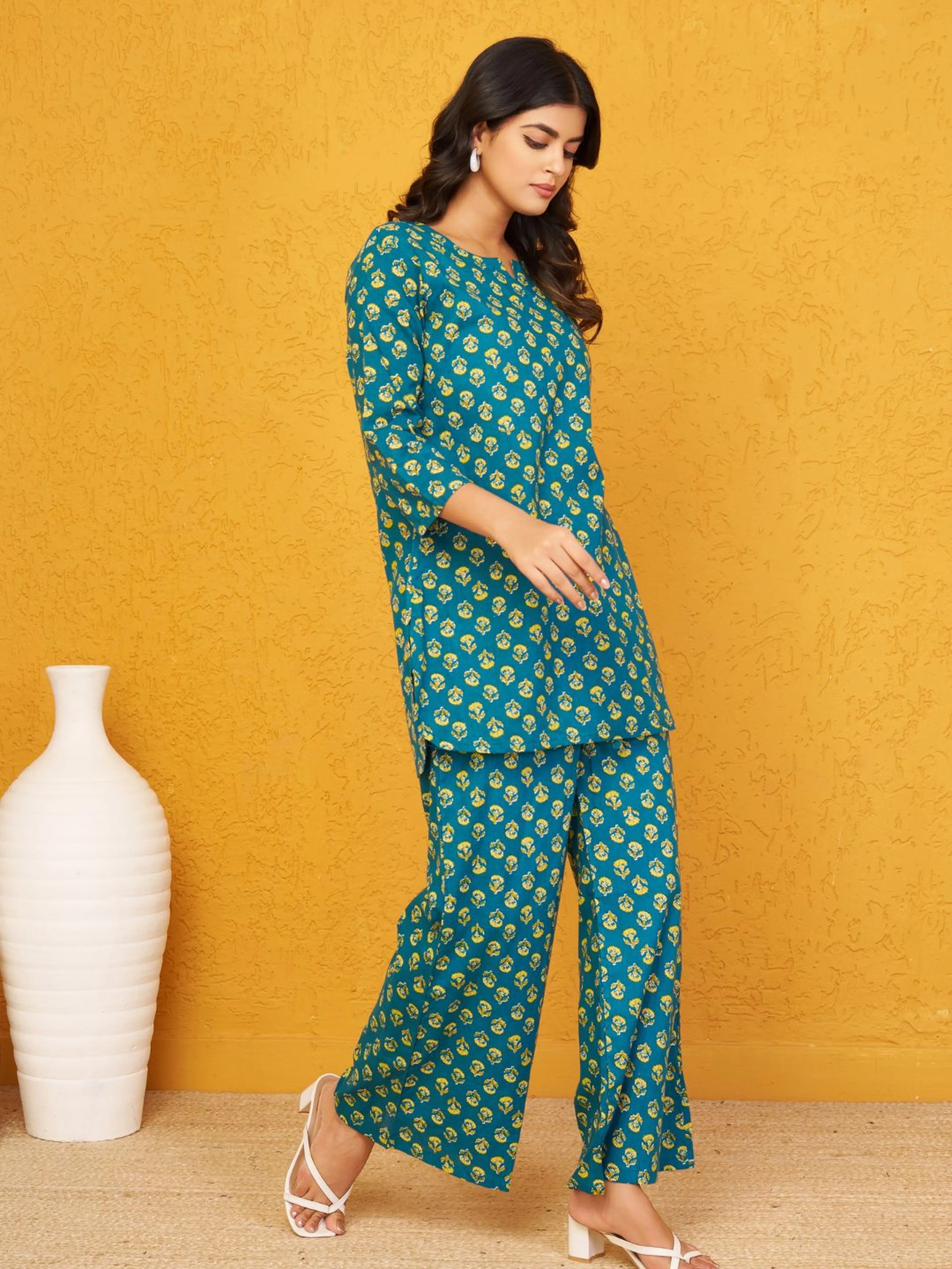 Green Floral Co-ord Set in Cotton Cambric