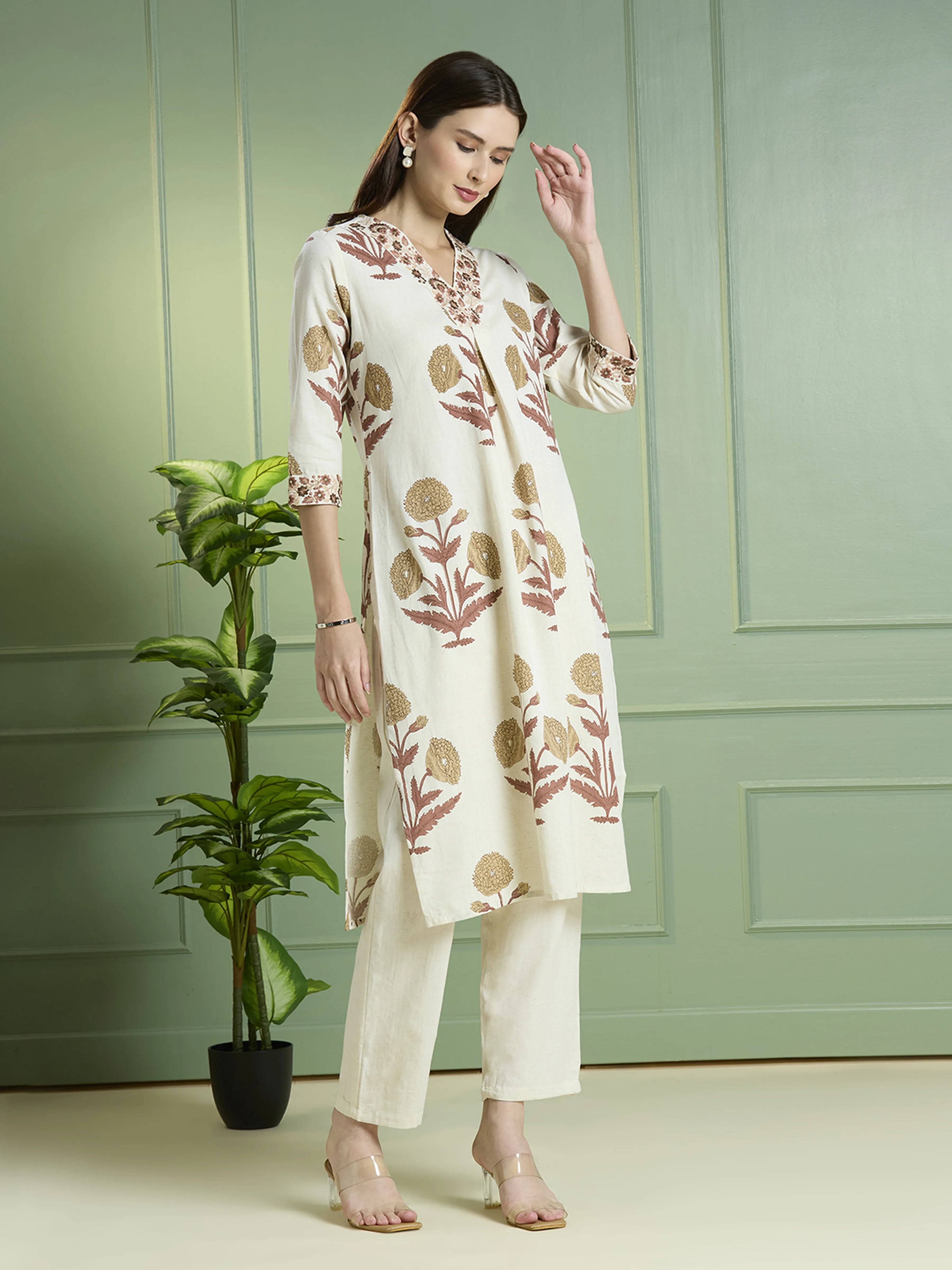 Natural Beige Floral Block Print Kurta Set in Cotton