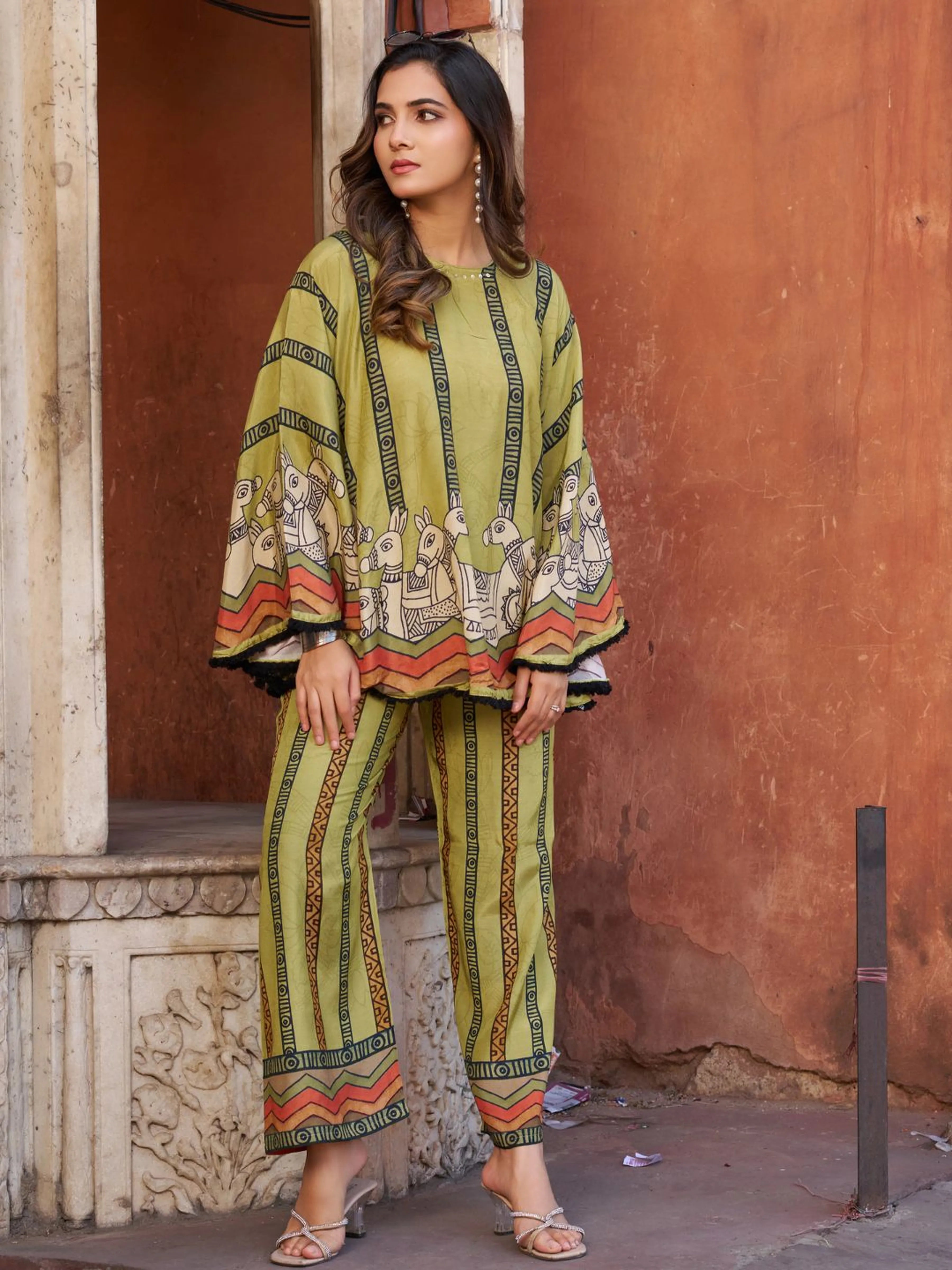 Green Horse Motif Printed Co-ord Set in Viscose Silk