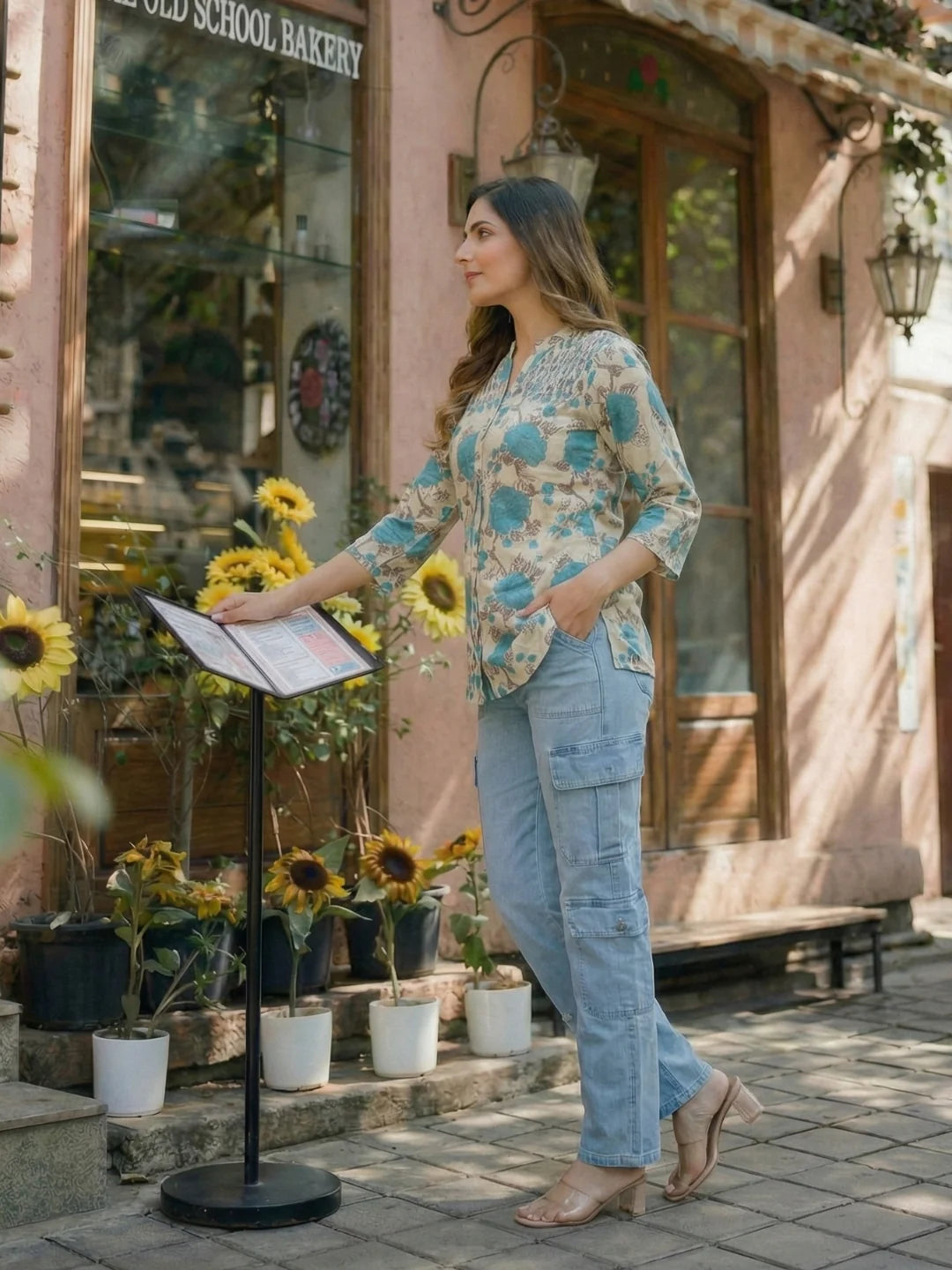 Blue Floral Cotton Short Kurti