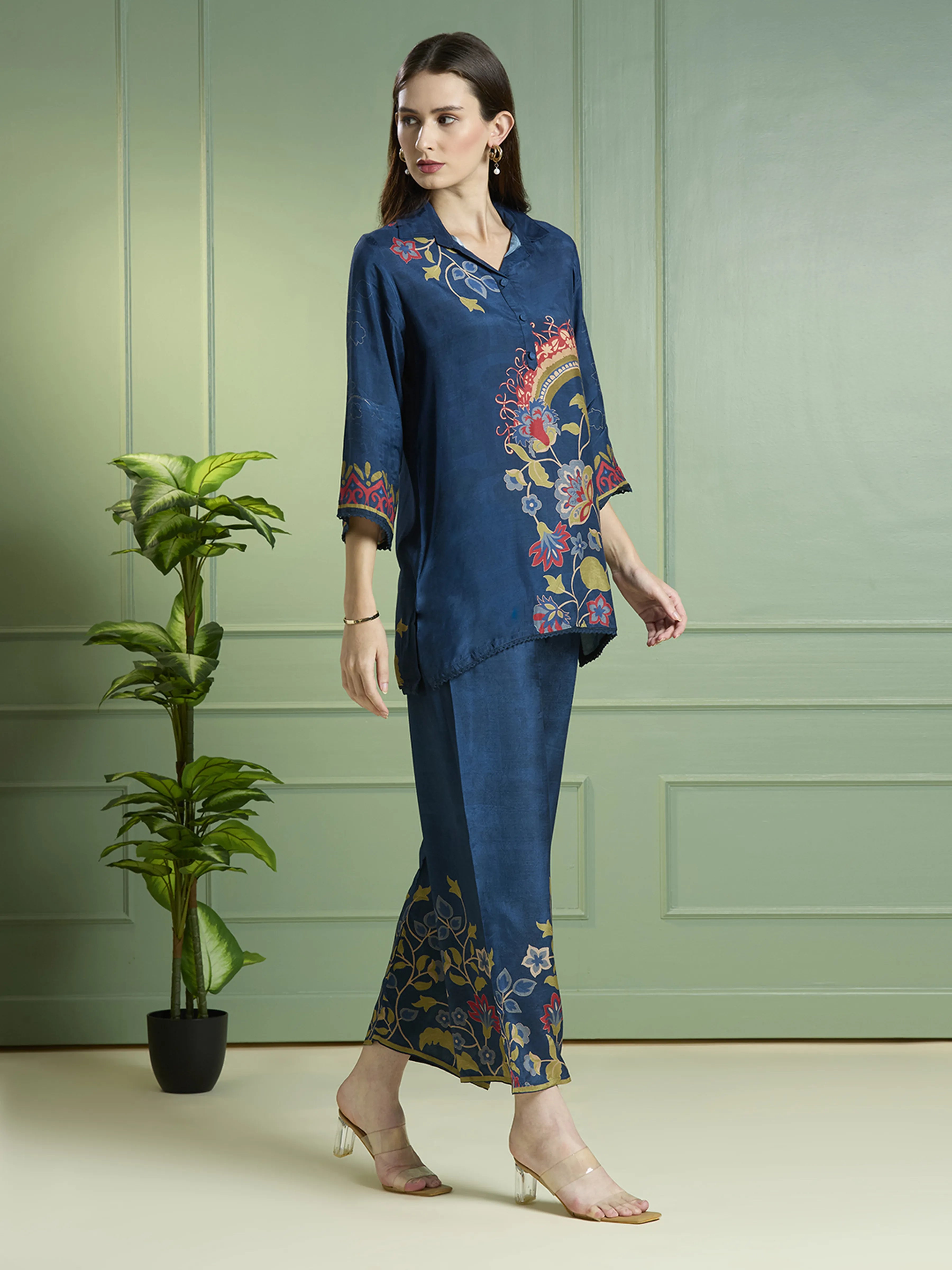 Navy Blue Paisley & Floral Printed Co-ord Set in Viscose Muslin
