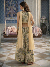 Beige Three-Piece Embellished Co-ord Set with Mirror Work & Chinon Palazzo