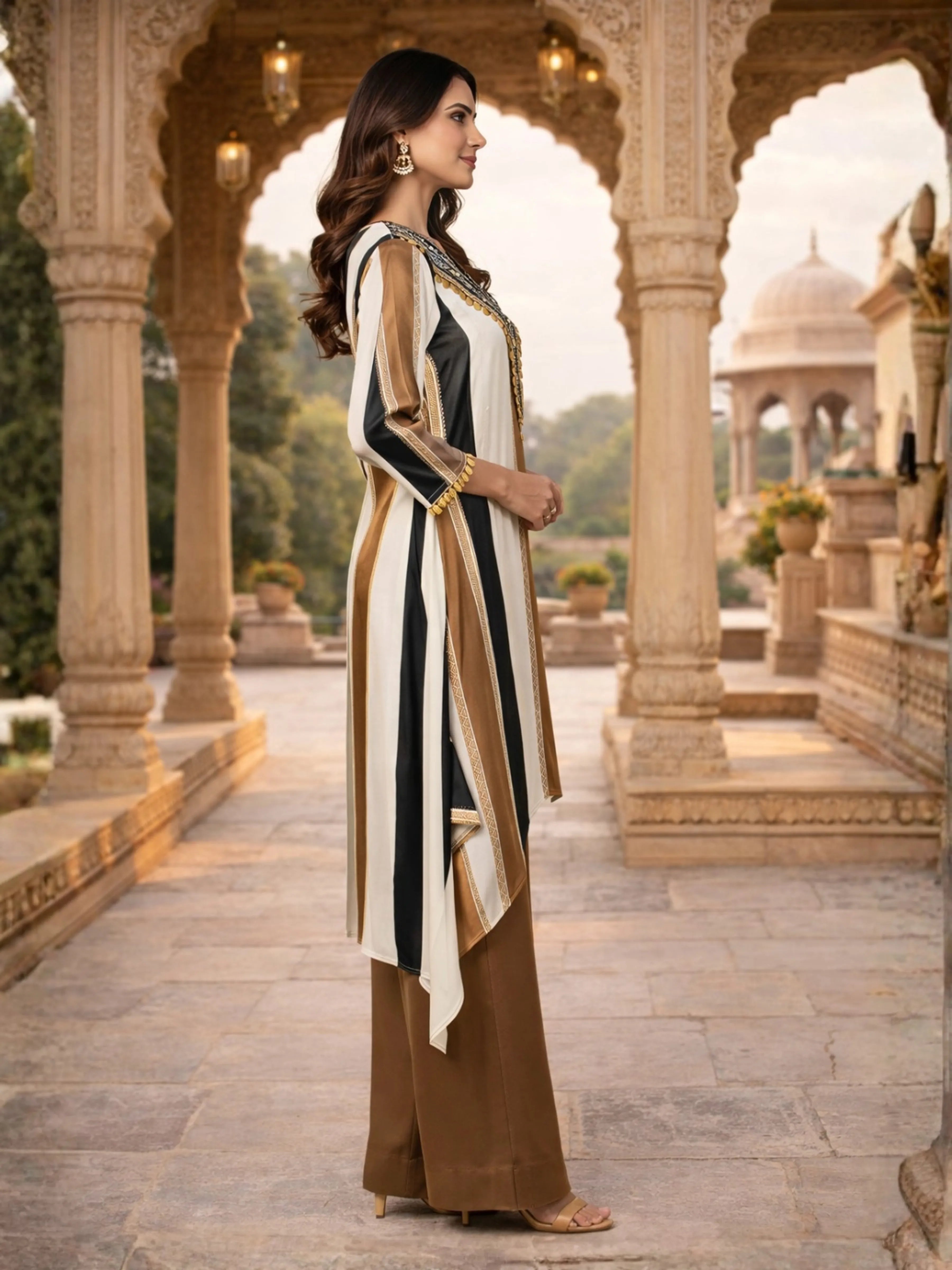 Khaki Brown, Black & Cream High-Low Co-ord Set with Metallic Tikli Embellishment