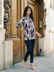 Monochrome Leaf Print Pintuck Kurti