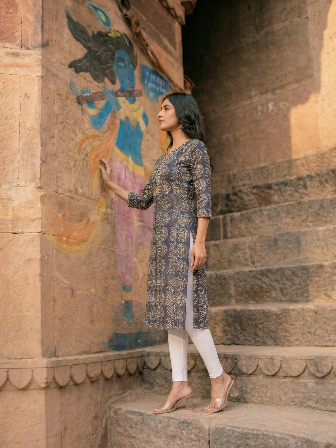 Deep Blue Leafy Block Print Cotton Kurta