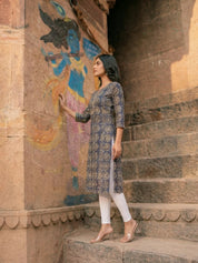 Deep Blue Leafy Block Print Cotton Kurta