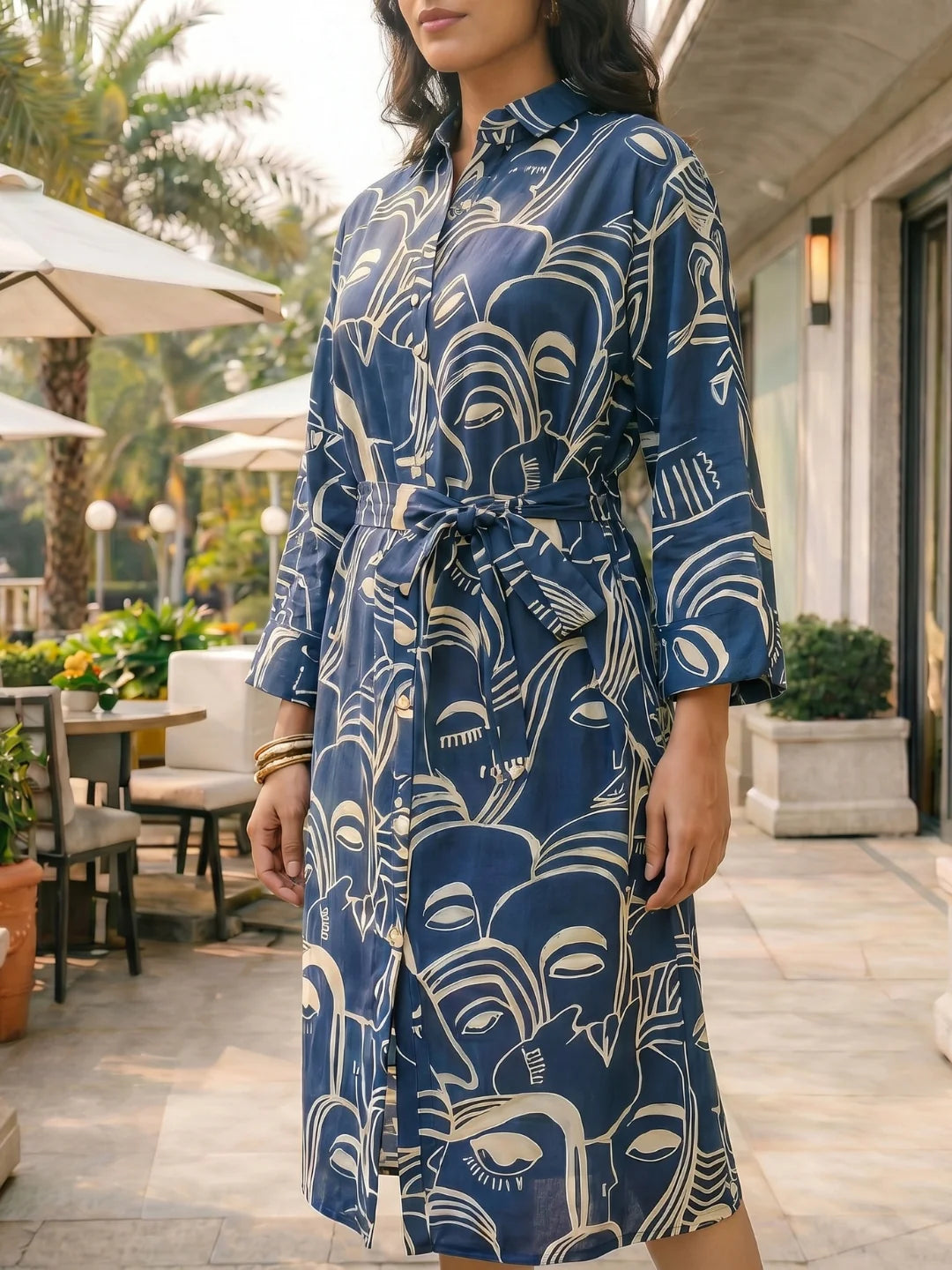 Navy Blue Abstract  Printed Bold Flower Russian Silk Midi Dress