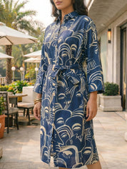 Navy Blue Abstract  Printed Bold Flower Russian Silk Midi Dress