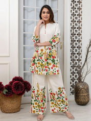 Cream Mandarin-Neck Kurta & Wide-Leg Floral Co-ord Set in Cotton Flex
