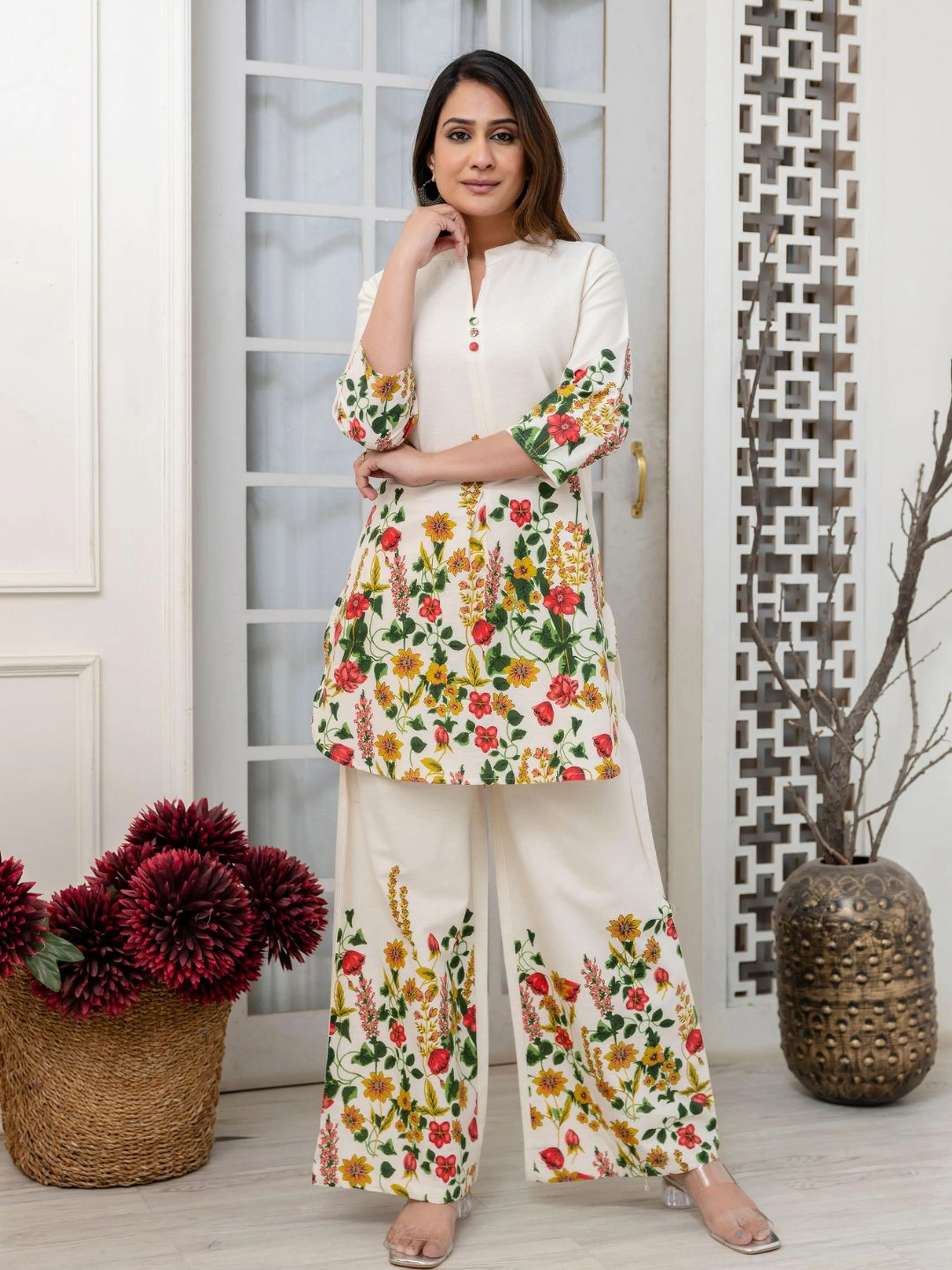 Cream Mandarin-Neck Kurta & Wide-Leg Floral Co-ord Set in Cotton Flex