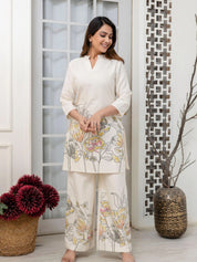 Cream Floral Kurta & Wide-Leg Cotton Flex Co-ord Set