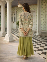 Sage Green Floral Bead Embroidered Muslin & Chinon Co-ord Set