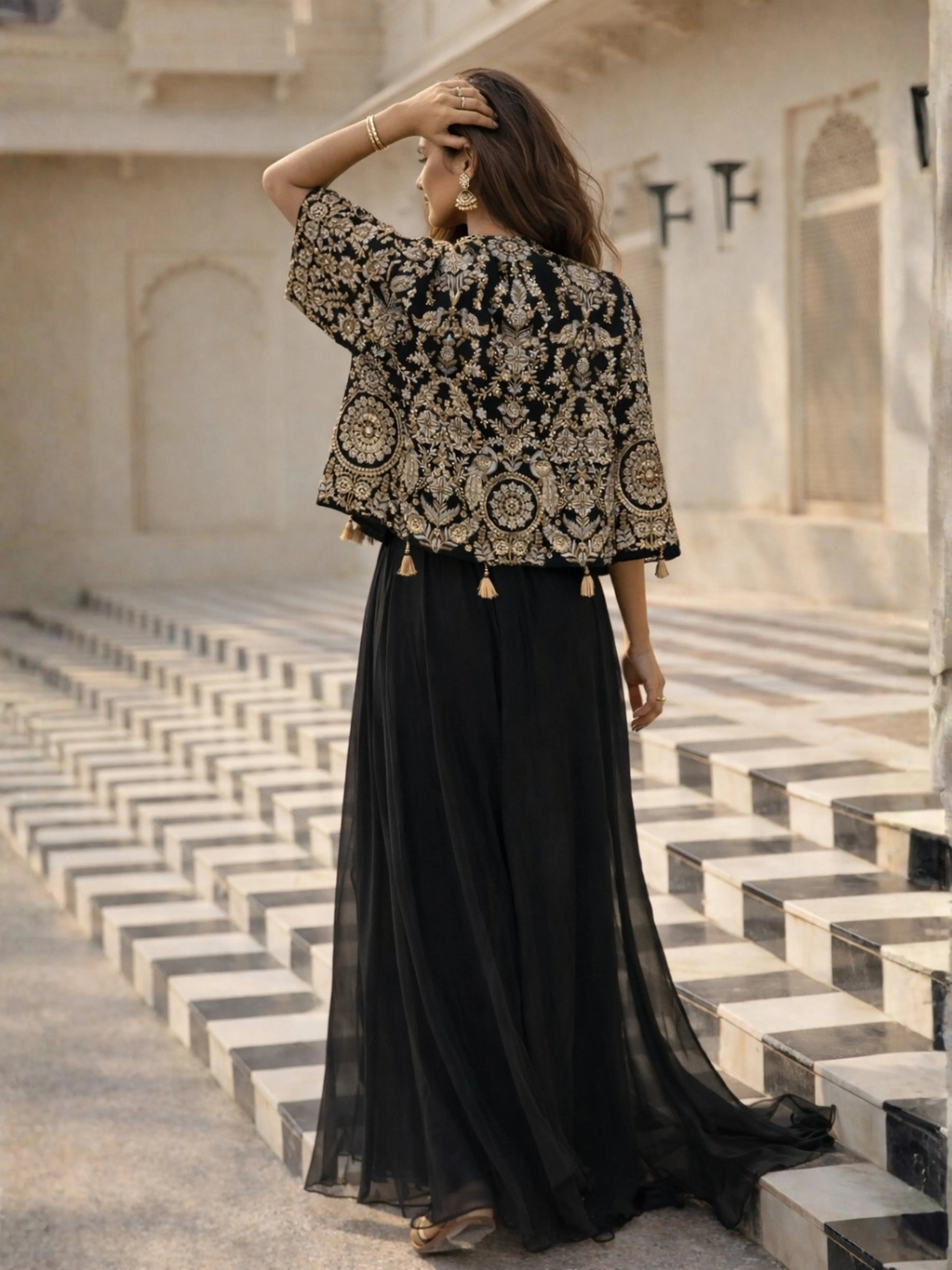 Black Embroidered Three-Piece Set with Cape Jacket & Tassel Details In Georgette & Chinon