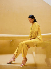 Yellow Embroidered Viscose Tunic With Flared Pant