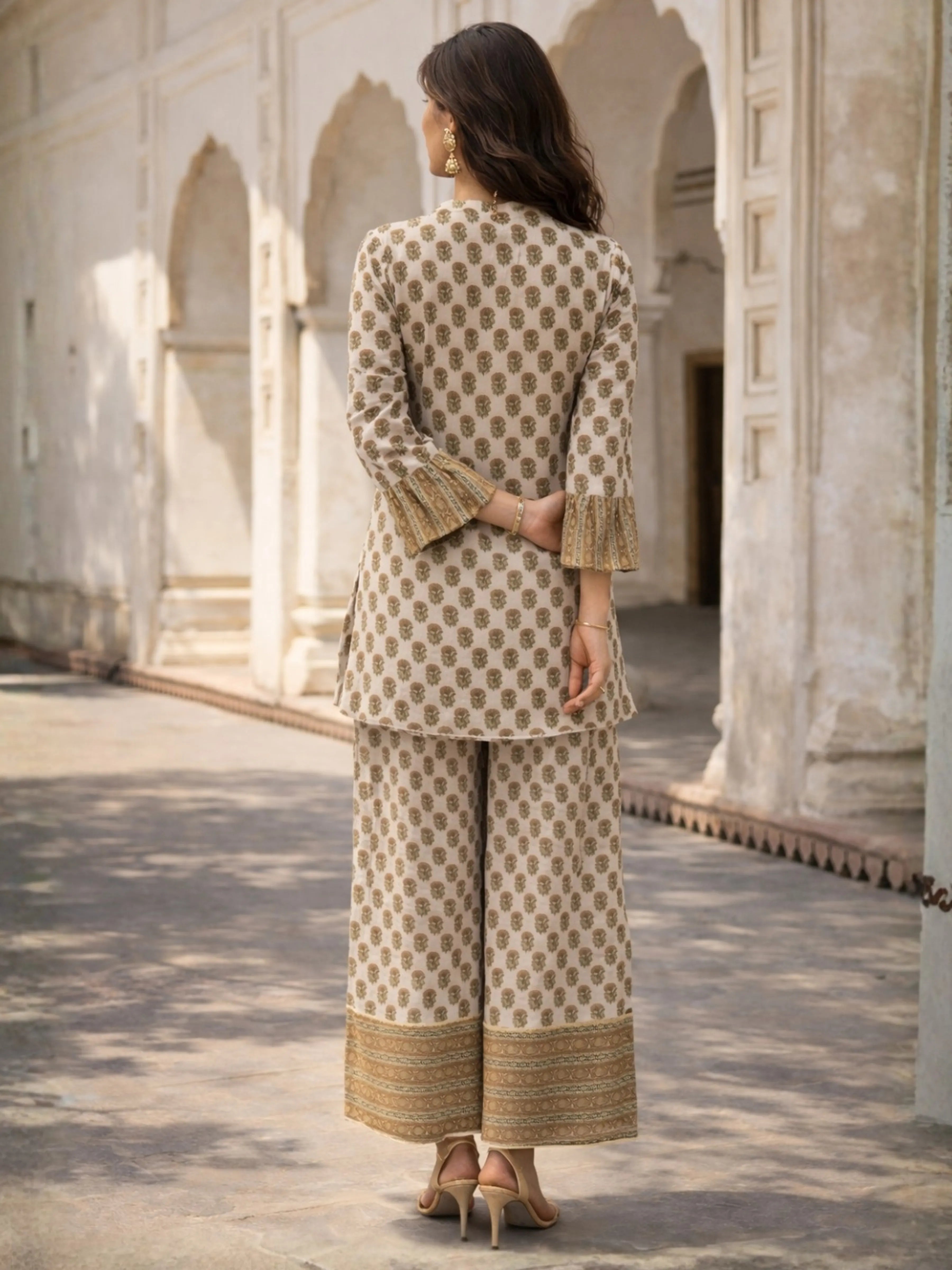 Butter Cream Lurex & Moti Embellished Muslin Co-ord Set with Flared Sleeves