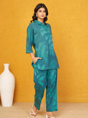Dark Green Leaf Print Shirt Collar Cotton Cambric Co-ord Set