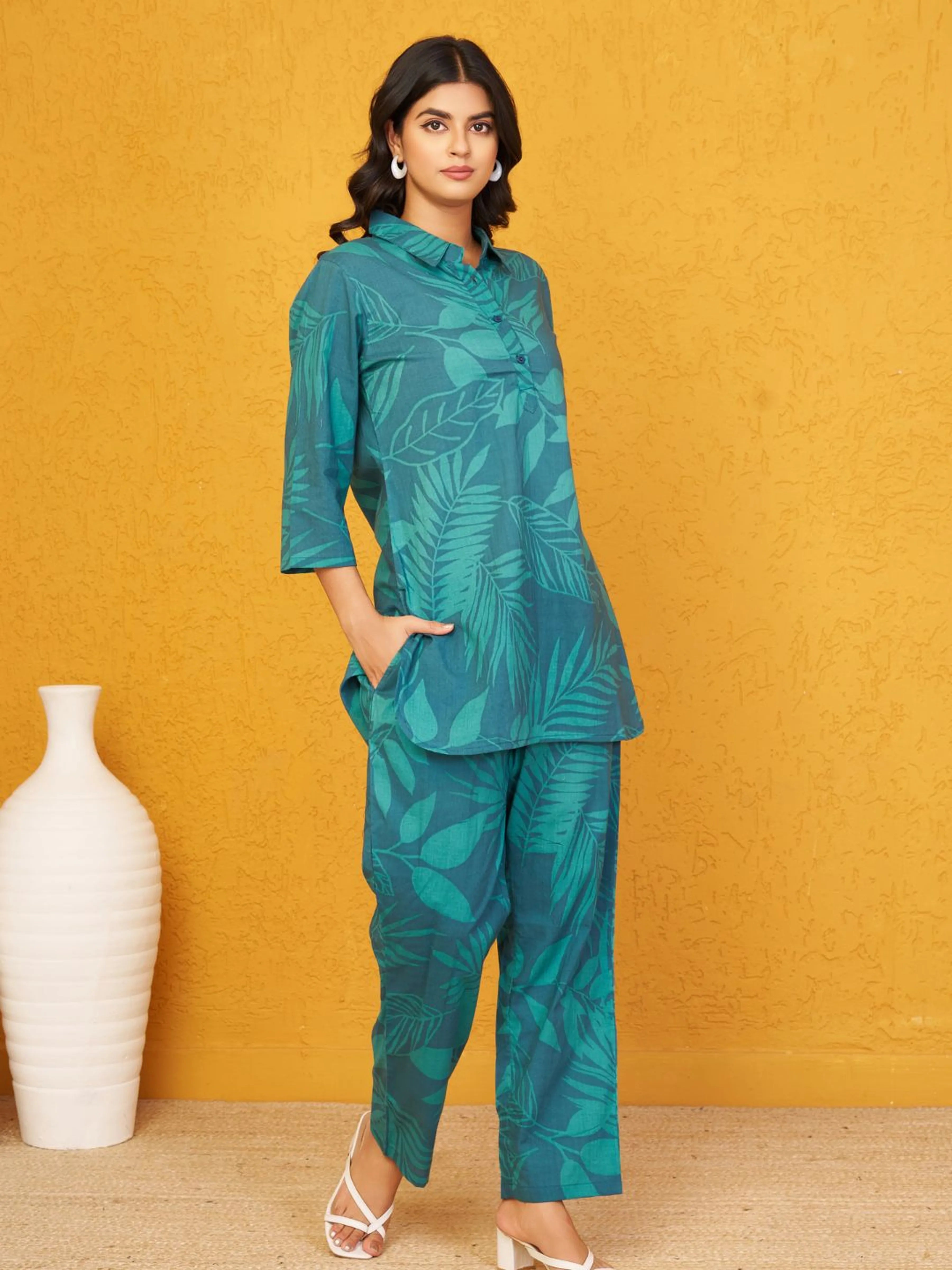 Dark Green Leaf Print Shirt Collar Cotton Cambric Co-ord Set