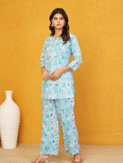 Seafoam Pearl Base Multi Color Floral Cotton Cambric Co-ord Set