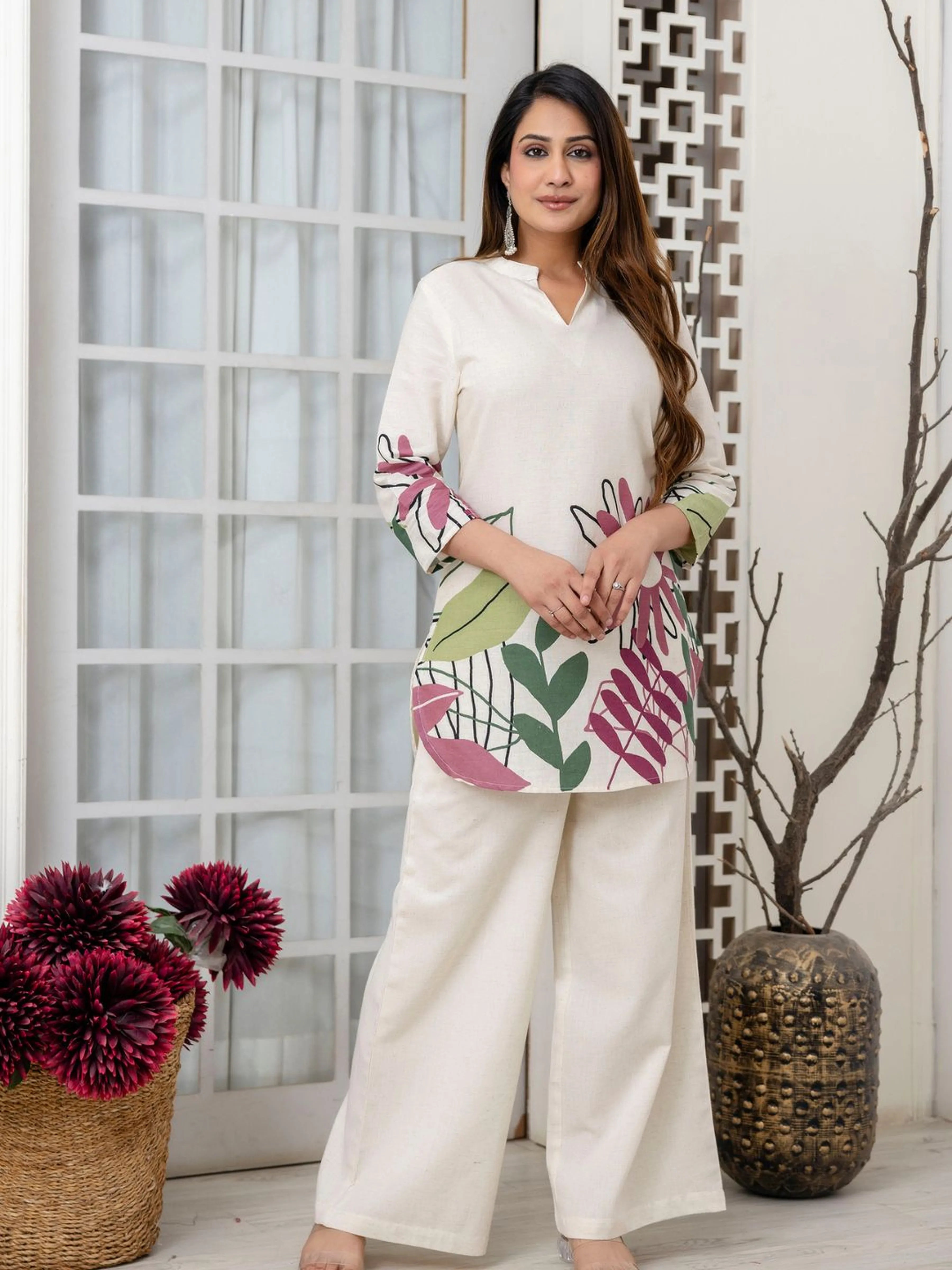 Cream Botanical Leaf Kurta & Wide-Leg Co-ord Set in Cotton Flex